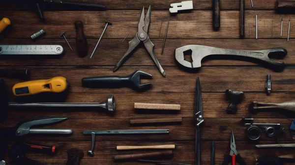 Ahşap masanın üzerinde çeşitli aletler ve malzemeler var. Kopyalama alanı olan üst görünüm.