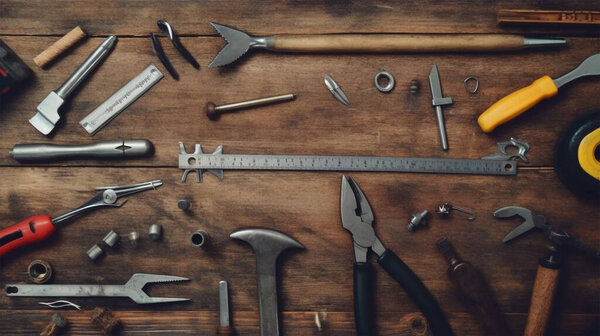 набор инструментов, деревянный фон. вид сверху