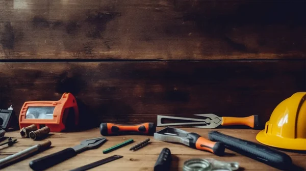 Miğfer ve çekiçli inşaat aletleri, yakın plan..