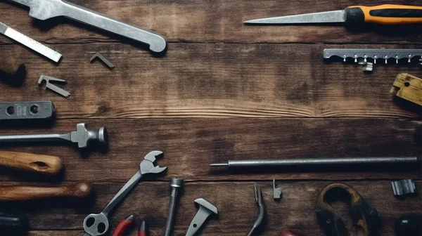 stock image set of tools on wooden background