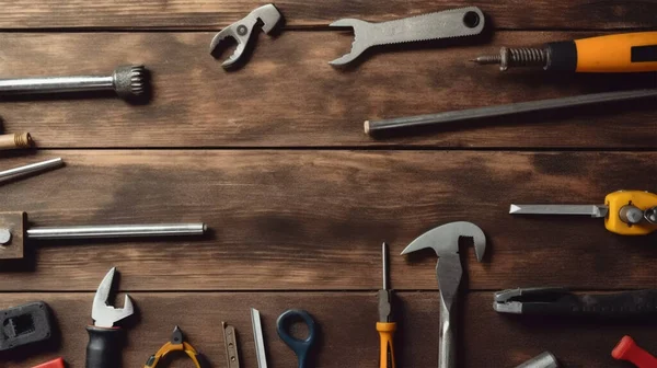 Stock image set of tools on wooden background