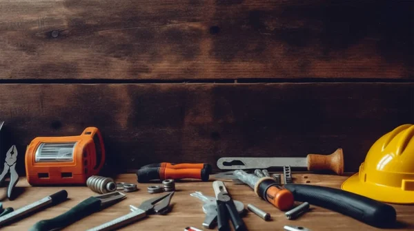 Ahşap arkaplanda araçlar ve araçlar