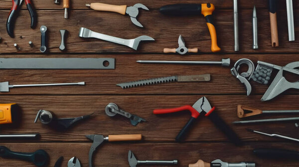 Набор инструментов на деревянном фоне