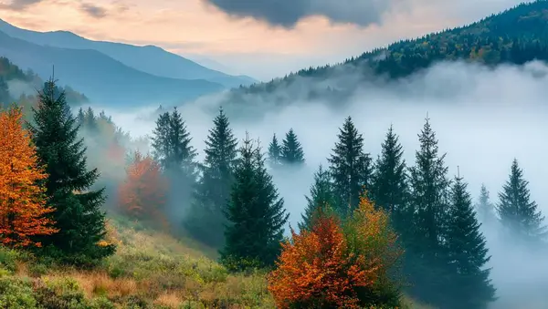 Siste sonbahar. Renkli sonbahar dağları.