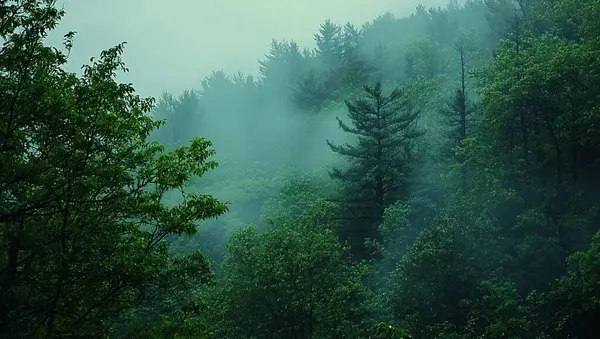 Ağaçları ve yeşil yaprakları olan sisli bir orman