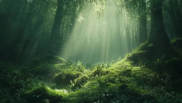 Parlayan ışıkları olan sihirli bir orman. Fantezi gizemli orman. gizemli orman manzarası. gizemli, gizemli, büyülü sahne. Gizemli gizemli sahne.