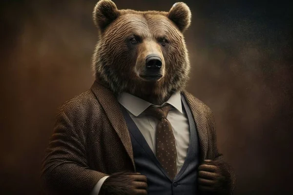portrait of an bear in a man's body wearing a suit and tie