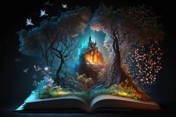 Fairy tale open book with a tree. mystical fantasy land concept. a door way to fantasy land
