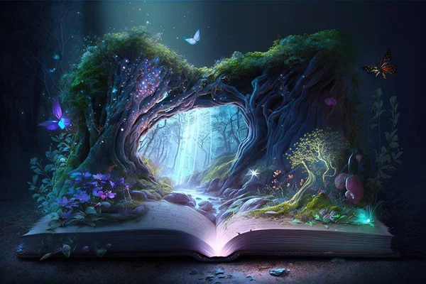 Fairy tale open book with a tree. mystical fantasy land concept. a door way to fantasy land