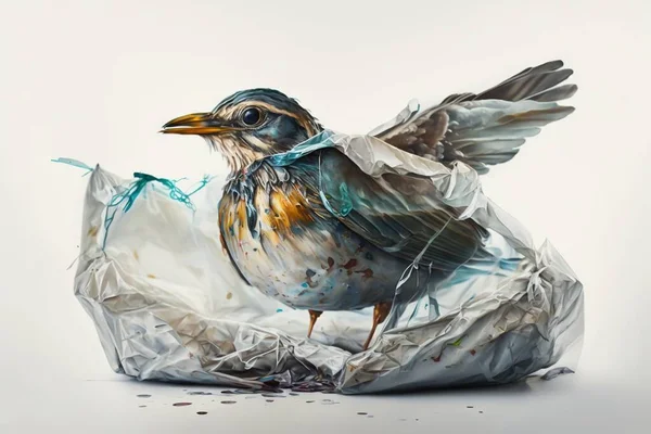 bird stuck in plastic bag, save ocean concept, bird stuck in sea rubbish