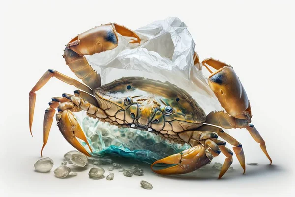 Crab stuck in plastic bag, save ocean concept, Crab stuck in sea rubbish