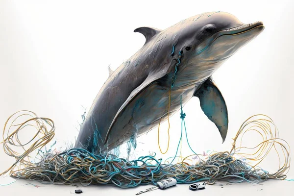 Dolphin bird stuck in wire or net, save ocean concept, Dolphin stuck in sea rubbish