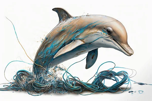 Dolphin bird stuck in wire or net, save ocean concept, Dolphin stuck in sea rubbish