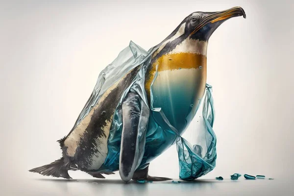 penguin stuck in plastic bag, save ocean concept, penguin stuck in sea rubbish
