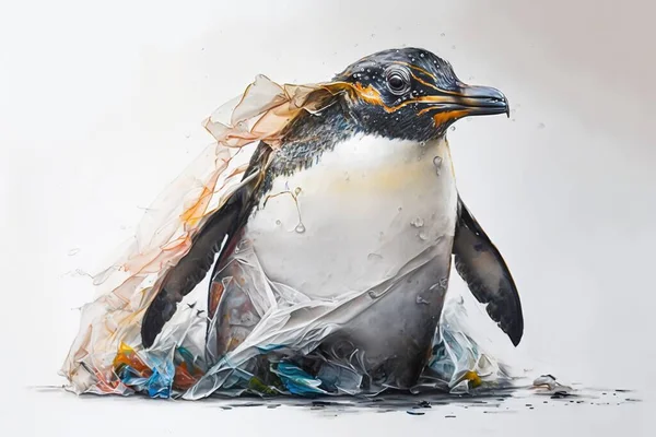 penguin stuck in plastic bag, save ocean concept, penguin stuck in sea rubbish
