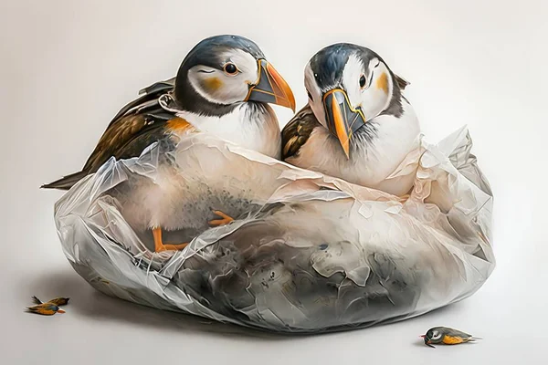 puffins bird stuck in plastic bag, save ocean concept, bird stuck in sea rubbish