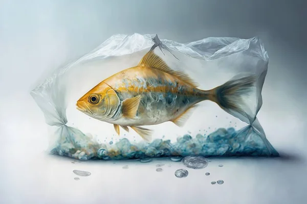 fish stuck in plastic bag, save ocean concept, fish stuck in sea rubbish