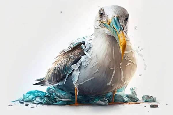 Seagull stuck in plastic bag, save ocean concept, Seagull stuck in sea rubbish