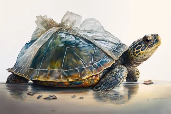 Turtle stuck in plastic bag, save ocean concept, Turtle stuck in sea rubbish