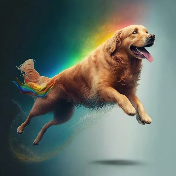 a dog jumping with happiness with rainbow colors.