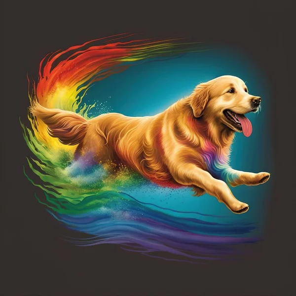 a dog jumping with happiness with rainbow colors.