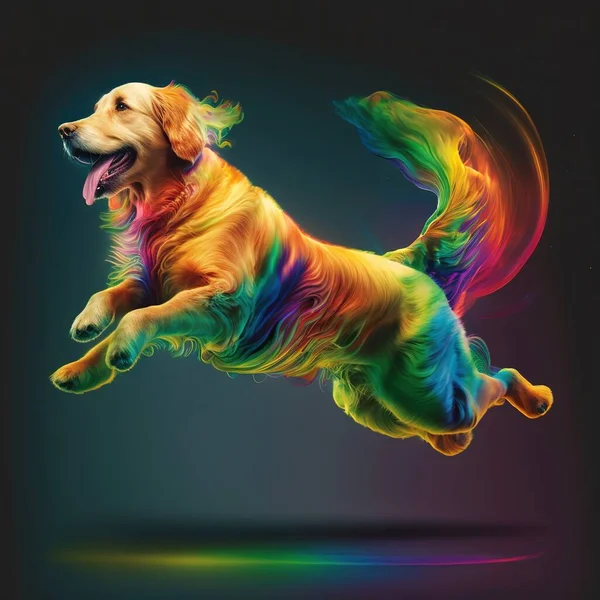 a dog jumping with happiness with rainbow colors.