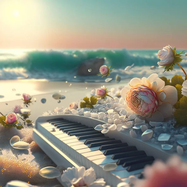 A piano on the beach with flowers and the word piano on it