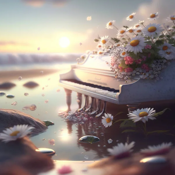 A piano on the beach with flowers and the word piano on it
