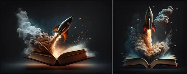 3D Rocket launch on top of a book background, Spaceship icon, education, and back to school concept.