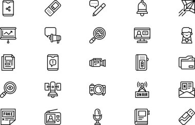 Gazetecilik simgeleri koleksiyonu, düzenlenebilir felçli bir vektör illüstrasyonudur.