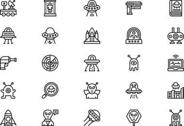 Ufo ve uzaylı simgeleri koleksiyonu düzenlenebilir felçli bir vektör illüstrasyonudur.