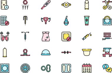 Doğum kontrol yöntemleri simgeleri koleksiyonu düzenlenebilir felçli bir vektör illüstrasyonudur.