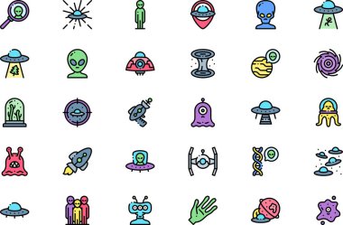 Ufo ve uzaylı simgeleri koleksiyonu düzenlenebilir felçli bir vektör illüstrasyonudur.