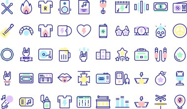 Rock and roll simgeleri koleksiyonu, düzenlenebilir felçli bir vektör illüstrasyonudur.