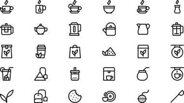 Tea simgeleri Yüksek Kaliteli Vektör Simgeleri Koleksiyonu Düzenlenebilir Vuruşlu. Profesyonel ve Yaratıcı Projeler için ideal.