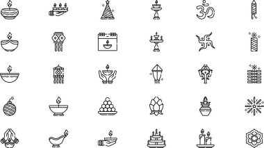 Diwali simgeleri Yüksek Kaliteli Vektör Simgeleri Koleksiyonu Düzenlenebilir Vuruşlu. Profesyonel ve Yaratıcı Projeler için ideal.