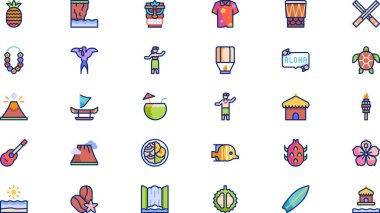 Hawaii ikonu Yüksek Kaliteli Vektör Simgeleri Koleksiyonu Düzenlenebilir Vuruşlu. Profesyonel ve Yaratıcı Projeler için ideal.