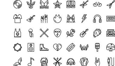 Rock Roll simgeleri Yüksek Kaliteli Vektör Simgeleri Koleksiyonu Düzenlenebilir Vuruşlar. Profesyonel ve Yaratıcı Projeler için ideal.