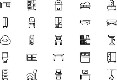 Mobilya ikonları koleksiyonu düzenlenebilir vuruşlu bir vektör illüstrasyonudur.