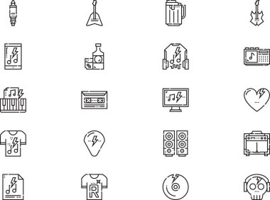 Rock and roll simgeleri koleksiyonu, düzenlenebilir felçli bir vektör illüstrasyonudur.