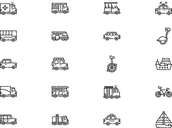 Коллекция иконок транспорта - векторная иллюстрация с редактируемым штрихом.