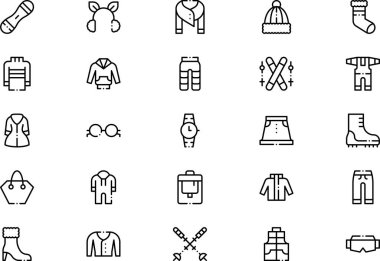 Kışın giysi ve aksesuar ikonu koleksiyonu düzenlenebilir felçli bir vektör illüstrasyonudur.