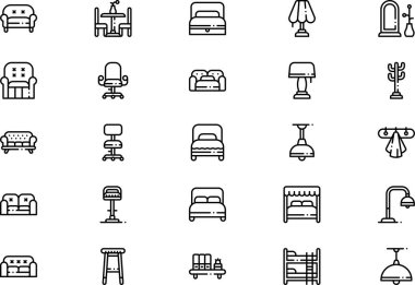 Mobilya simgeleri koleksiyonu düzenlenebilir felçli bir vektör illüstrasyonudur.