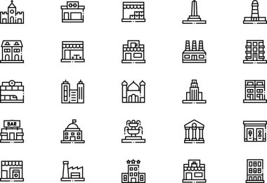 Kentsel binaların simge koleksiyonu düzenlenebilir felçli bir vektör illüstrasyonudur.