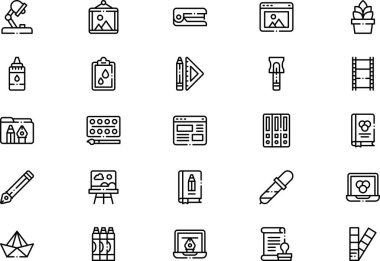 Sanatçı stüdyo simgeleri koleksiyonu, düzenlenebilir felçli bir vektör illüstrasyonudur.