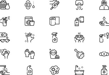 Hijyen ve dsinfeksiyon simgeleri koleksiyonu düzenlenebilir felçli bir vektör illüstrasyonudur.