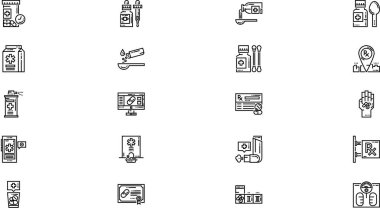 Yüksek Kaliteli Vektör Simgeleri Düzenlenebilir Vuruşlu Eczane ikonları. Profesyonel ve Yaratıcı Projeler için ideal.