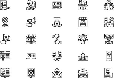 Siyaset simgeleri koleksiyonu, düzenlenebilir vuruşlu bir vektör illüstrasyonudur.