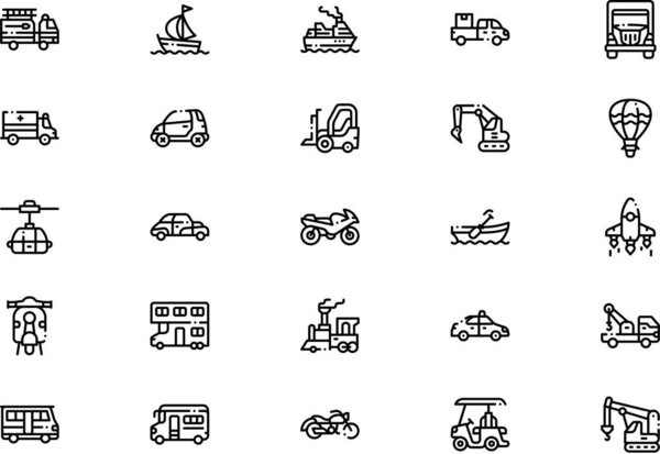 Сбор значков транспортных средств и их транспортировка - векторная иллюстрация с редактируемым штрихом.