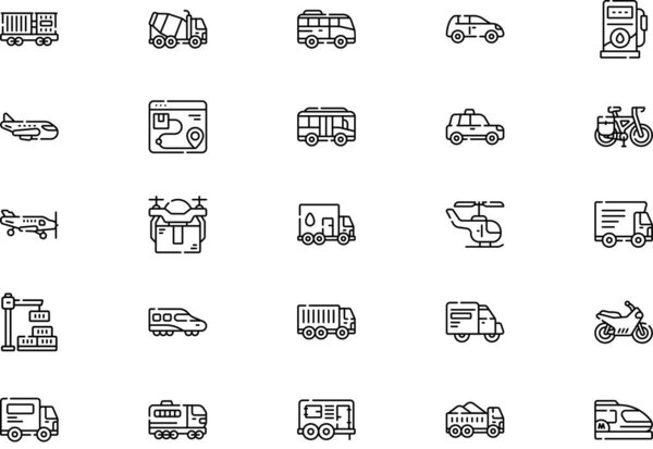 Сбор иконок транспорта - векторная иллюстрация с редактируемым штрихом.